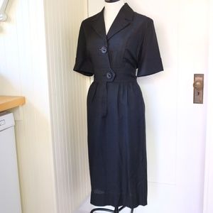 Vintage 50s Black Shirtwaist Wiggle Midi Dress with Notched Collar with Pockets!